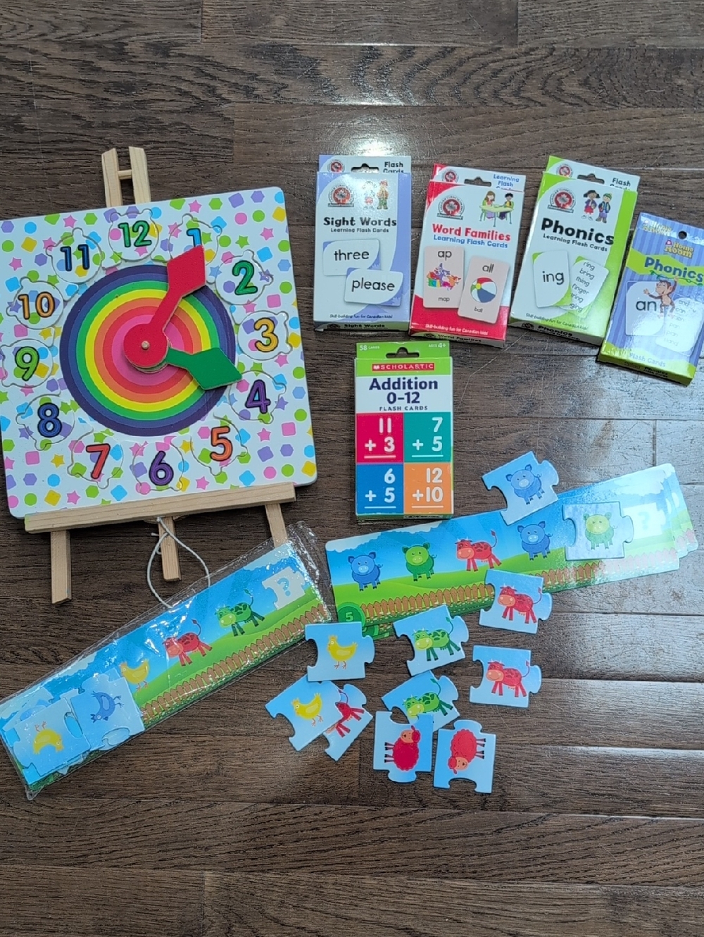 Wooden Number Clock Learning Toy w Patterns Puzzle & Flashcards